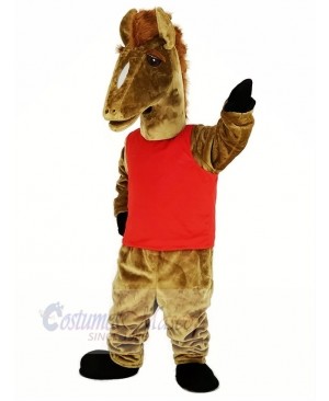 Brown Mustang with Red Vest Mascot Costume Animal