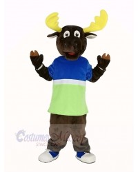 Brown Moose in Blue and Green T-shirt Mascot Costume