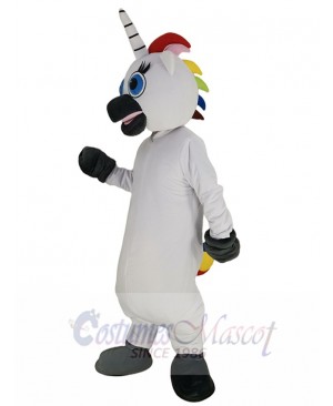 White Unicorn Mascot Costume Cartoon with Blue Eyes