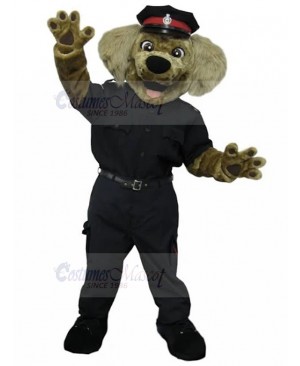 Smiling Brown Police Officer Dog Mascot Costume in Black Uniform Animal