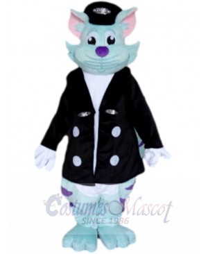 Blue Cat Mascot Costume Animal in Black Jacket