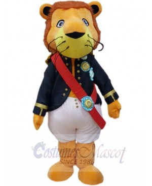 Orange Lion Mascot Costume Animal in Blue and White Uniform