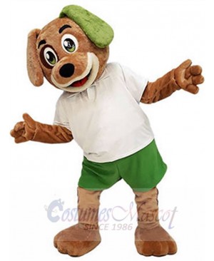 Brown Dog Mascot Costume in White and Green Outfit Animal