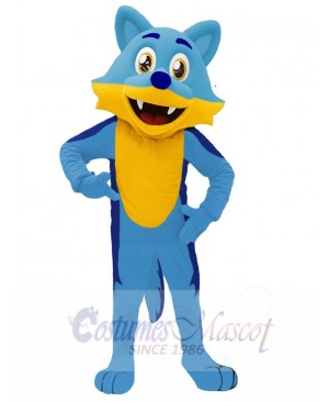 Happy Blue Wolf Mascot Costume Animal with Yellow Belly