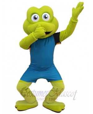 Green Frog Mascot Costume in Blue Jersey Animal