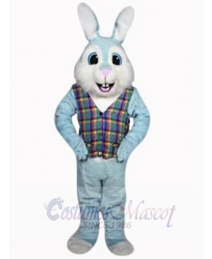 Blue Easter Bunny Mascot Costume Animal in Plaid Shirt