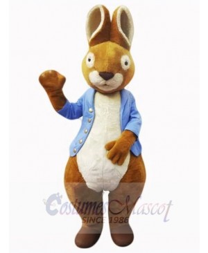Brown Easter Bunny Mascot Costume Animal in Blue Shirt