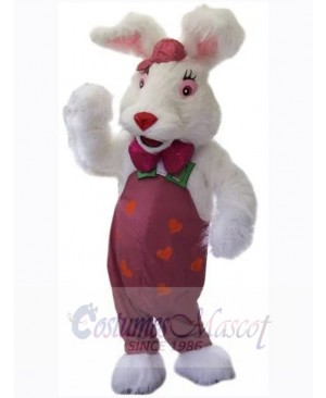 White Bunny Rabbit Mascot Costume Animal in Purple Dungaree