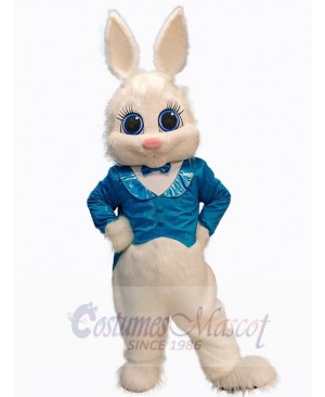 Lovely White Bunny Mascot Costume Animal in Blue Suit