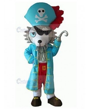 Gray and White Wolf Dog Mascot Costume with Blue Pirate Clothe Animal