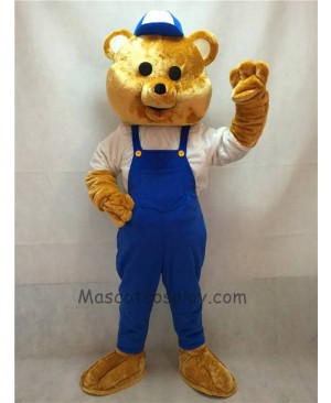 High Quality Teddy Bear Mascot Costume with Blue Overalls and Hat