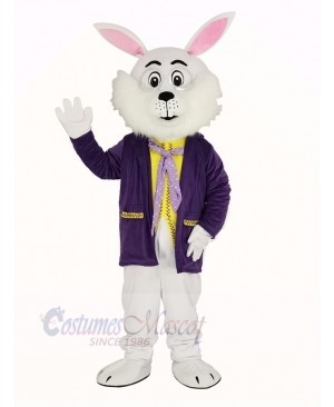 White Easter Bunny Rabbit in Purple Coat Mascot Costume