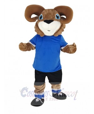 Brown Ram with Blue T-shirt Mascot Costume Animal