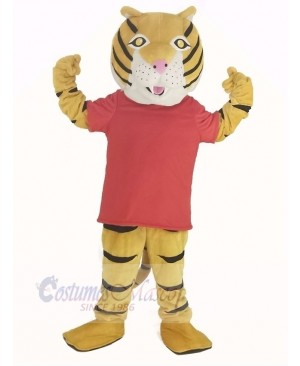 Happy Tiger in Red T-shirt Mascot Costume