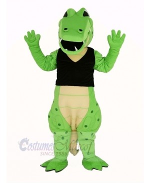 Power Green Crocodile in Black Vest Mascot Costume Animal