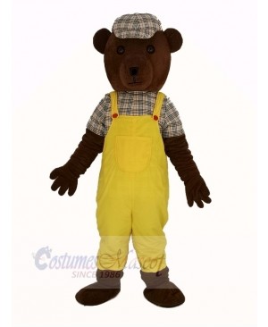 Teddy Bear in Yellow Overalls Mascot Costume Cartoon