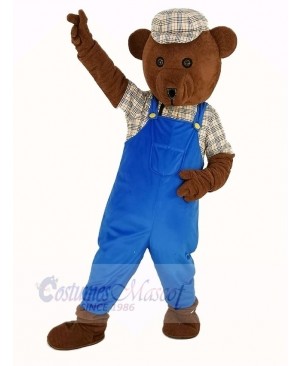 Teddy Bear in Blue Overalls Mascot Costume Cartoon