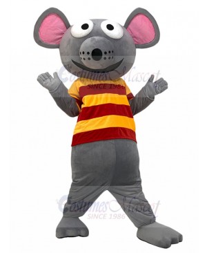 Grey Mouse Mascot Costume with Red and Yellow Striped Shirt Animal