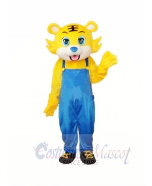 Yellow Tiger in Blue Overall Mascot Adult Costume Free Shipping 