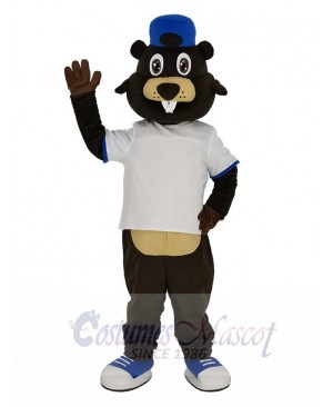 Brown Beaver in White T-shirt Mascot Costume