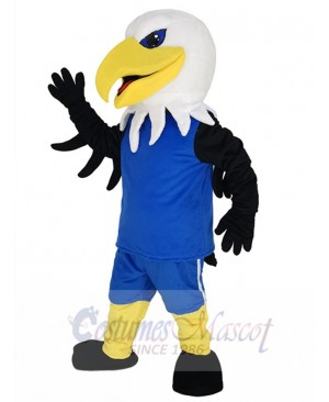 White Head Eagle Mascot Costume Animal in Blue Jersey