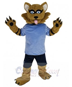 Brown Raccoon Mascot Costume Animal in Blue Jersey