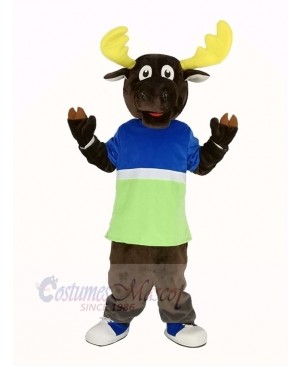 Brown Moose in Blue and Green T-shirt Mascot Costume