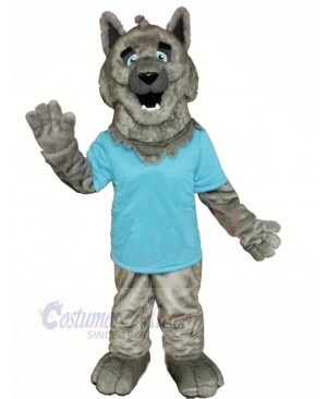 Grey Wolf with Blue T-shirt Mascot Costumes Cartoon