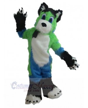 Long Fur Green and White and Blue Dog Mascot Costume Animal