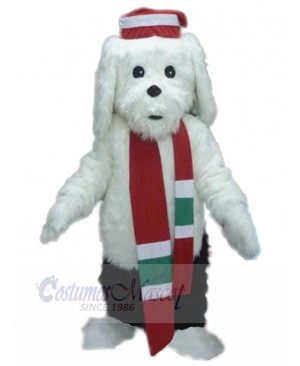 Long Fur White Dog Mascot Costume with Red Scarf