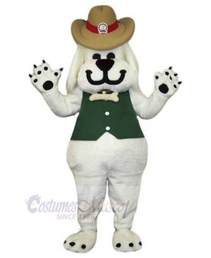 Smiling White Dog Mascot Costume Animal in Green Vest