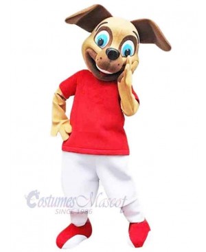 Happy Brown Dog Mascot Costume Animal in Red Clothes