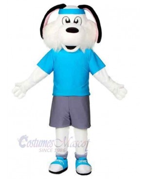 White Sport Dog Mascot Costume Animal in Blue T-shirt