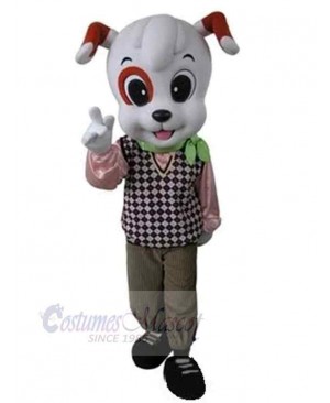 White Dog Mascot Costume Animal in Check Knitted Vest
