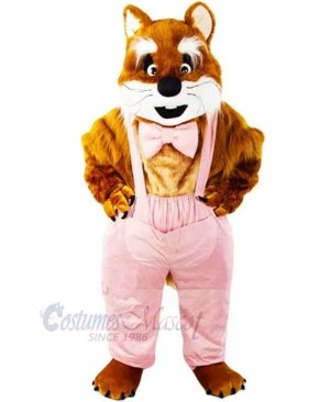 Brown Cat Mascot Costume Animal in Pink Overalls