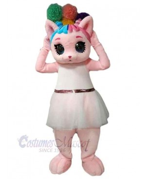 Pink Cat Mascot Costume Animal in White Dress