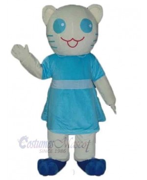 White Cat Mascot Costume Animal in Blue Dress