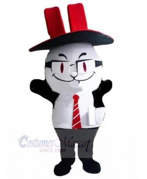 White Cat Manager Mascot Costume Animal with Red Hat