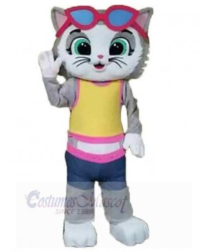 Casual Gray Cat Mascot Costume Animal with Glasses