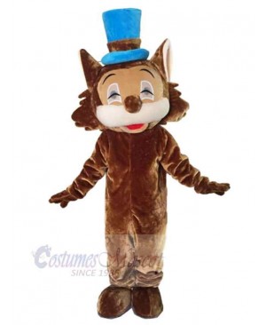 Happy Brown Cat Mascot Costume Animal with Blue Hat