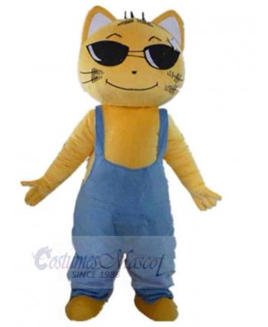Smiling Yellow Cat Mascot Costume Animal in Blue Overalls