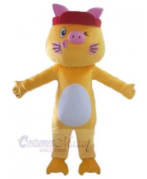 Yellow Cat Mascot Costume Animal with Pink Ears