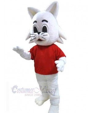 White Cat Mascot Costume Animal in Red T-shirt