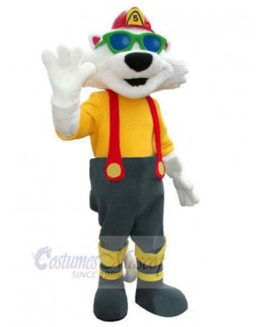 Fireman White Cat Mascot Costume with Green Glasses