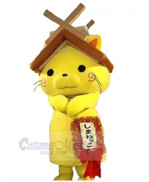 Yellow Cat Mascot Costume Animal with A House Roof Over the Head