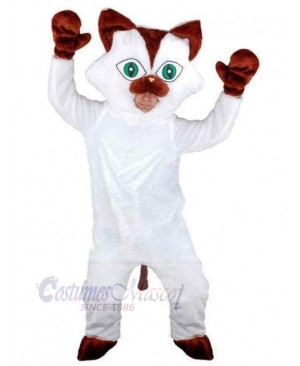 Brown Ears White Cat Mascot Costume Animal with Green Eyes