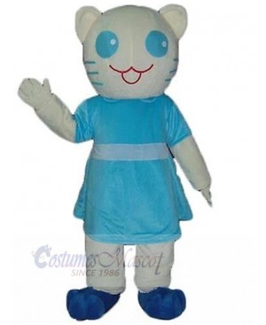 White Cat Mascot Costume Animal with Blue Dress