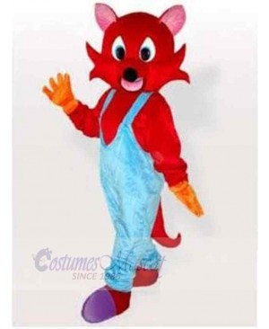 Red Cat Mascot Costume Animal in Blue Overalls