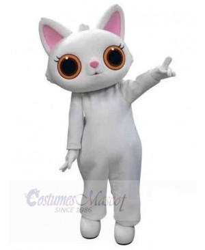 Pink Ears and Big Eyes White Cat Mascot Costume Animal