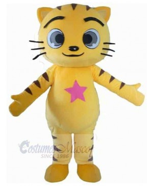 Yellow And Black Cat Mascot Costume Animal with Pink Star on the Belly